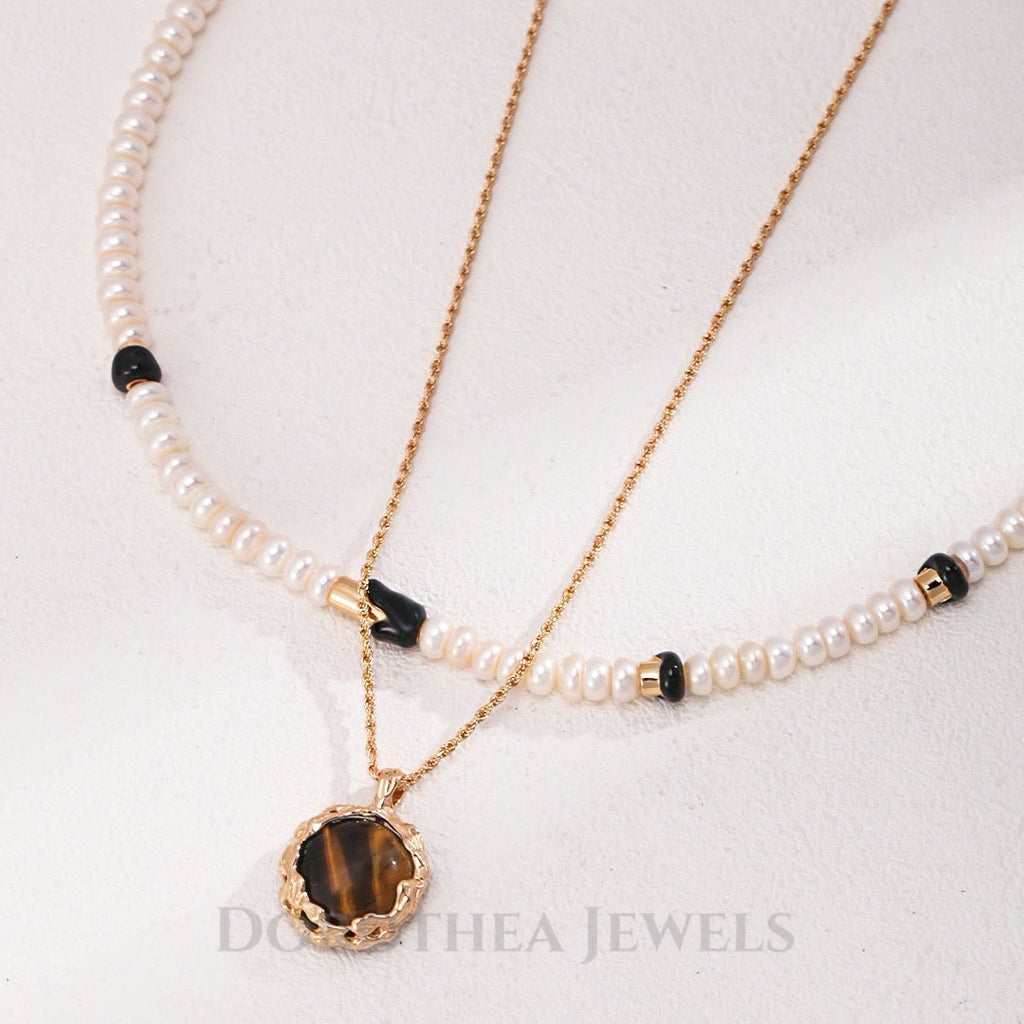 S925 Sterling Silver | Natural Freshwater Pearls Enamel / Natural Tiger's Eye Stone Necklace - DOROTHEA JEWELS