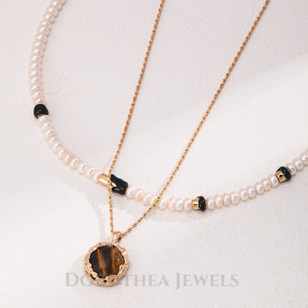 S925 Sterling Silver | Natural Freshwater Pearls Enamel / Natural Tiger's Eye Stone Necklace - DOROTHEA JEWELS