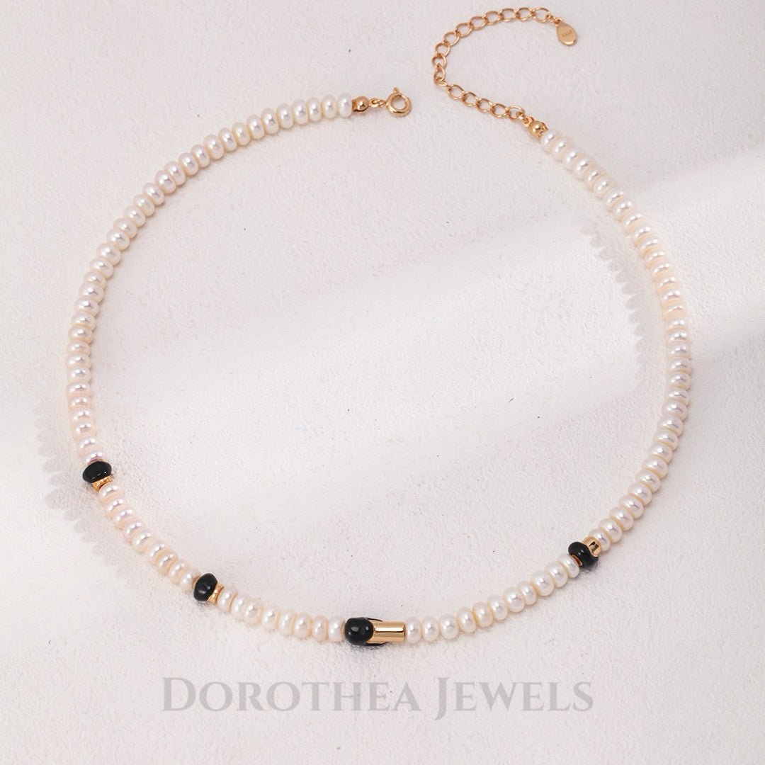 S925 Sterling Silver | Natural Freshwater Pearls Enamel / Natural Tiger's Eye Stone Necklace - DOROTHEA JEWELS