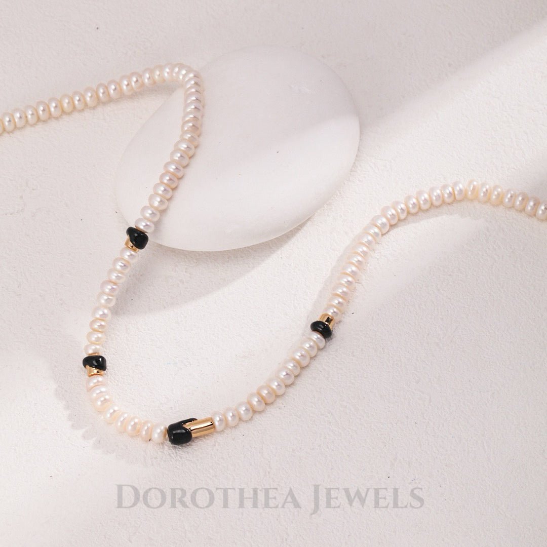S925 Sterling Silver | Natural Freshwater Pearls Enamel / Natural Tiger's Eye Stone Necklace - DOROTHEA JEWELS