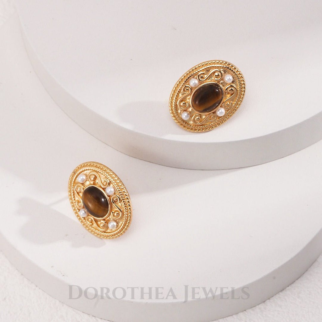 Tiger's Eye & Pearl Vintage Stud Earrings - DOROTHEA JEWELS