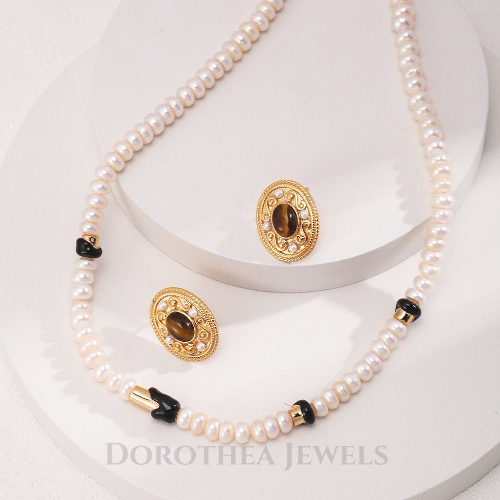 Tiger's Eye & Pearl Vintage Stud Earrings - DOROTHEA JEWELS