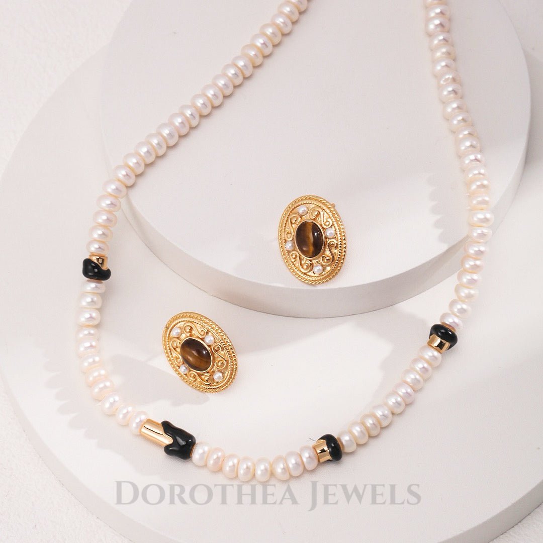 Tiger's Eye & Pearl Vintage Stud Earrings - DOROTHEA JEWELS