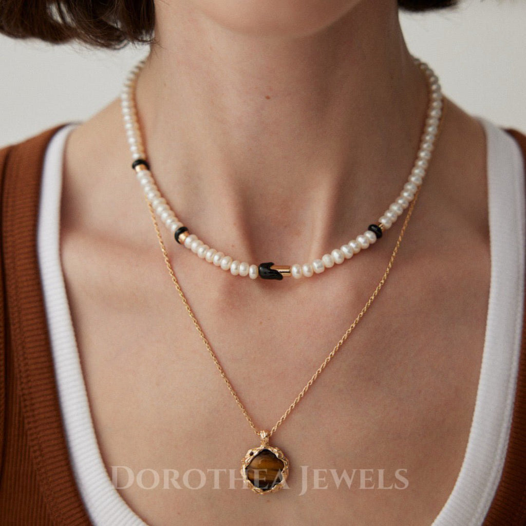 S925 Sterling Silver | Natural Freshwater Pearls Enamel / Natural Tiger's Eye Stone Necklace - DOROTHEA JEWELS