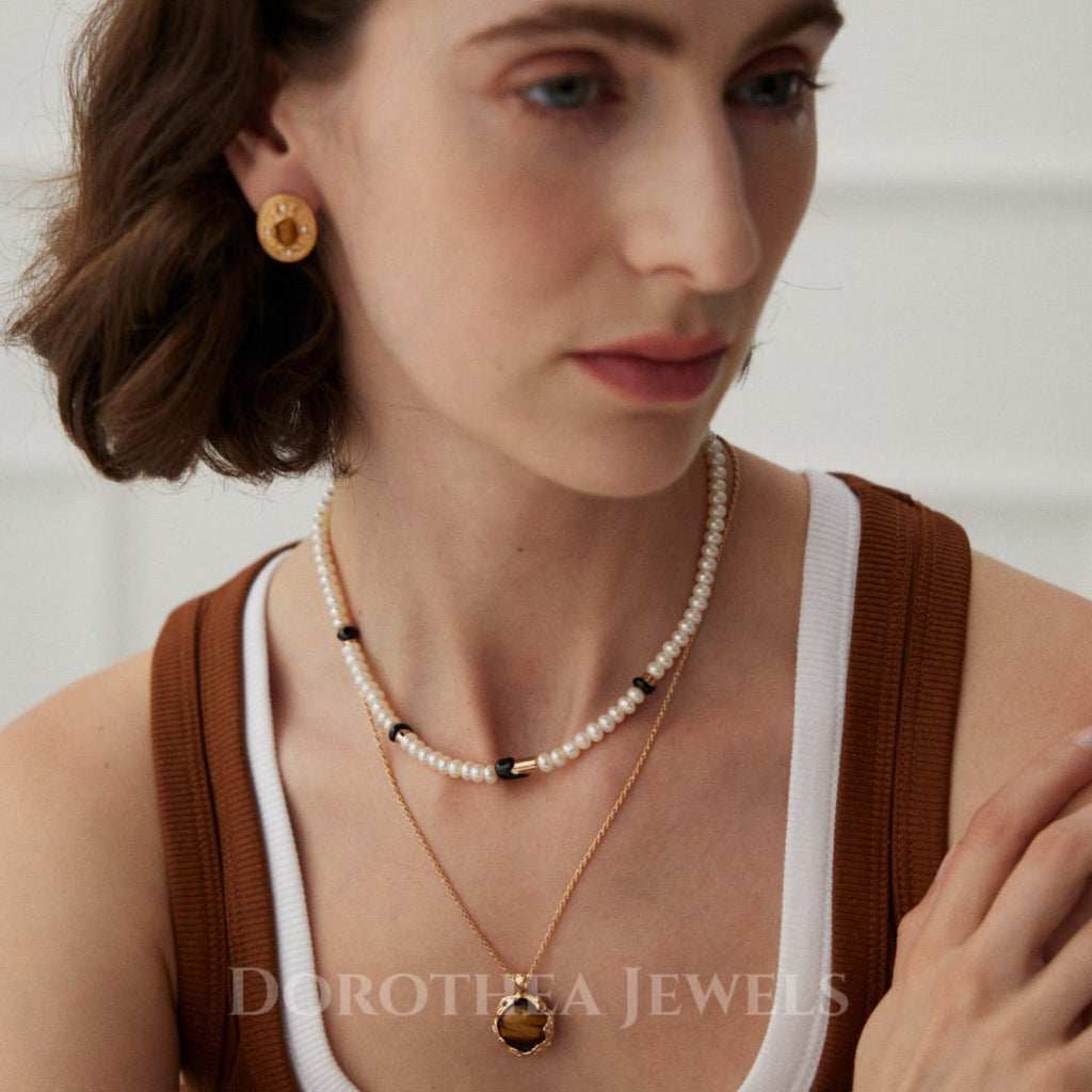 S925 Sterling Silver | Natural Freshwater Pearls Enamel / Natural Tiger's Eye Stone Necklace - DOROTHEA JEWELS