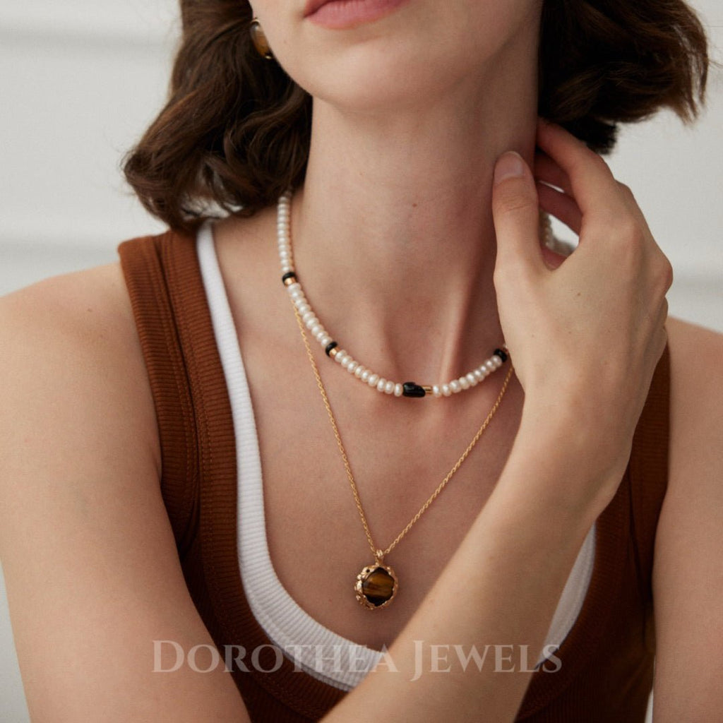 S925 Sterling Silver | Natural Freshwater Pearls Enamel / Natural Tiger's Eye Stone Necklace - DOROTHEA JEWELS