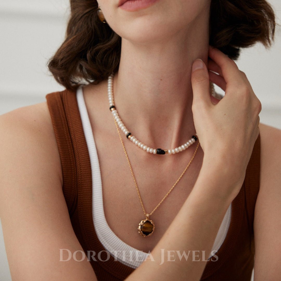 S925 Sterling Silver | Natural Freshwater Pearls Enamel / Natural Tiger's Eye Stone Necklace - DOROTHEA JEWELS