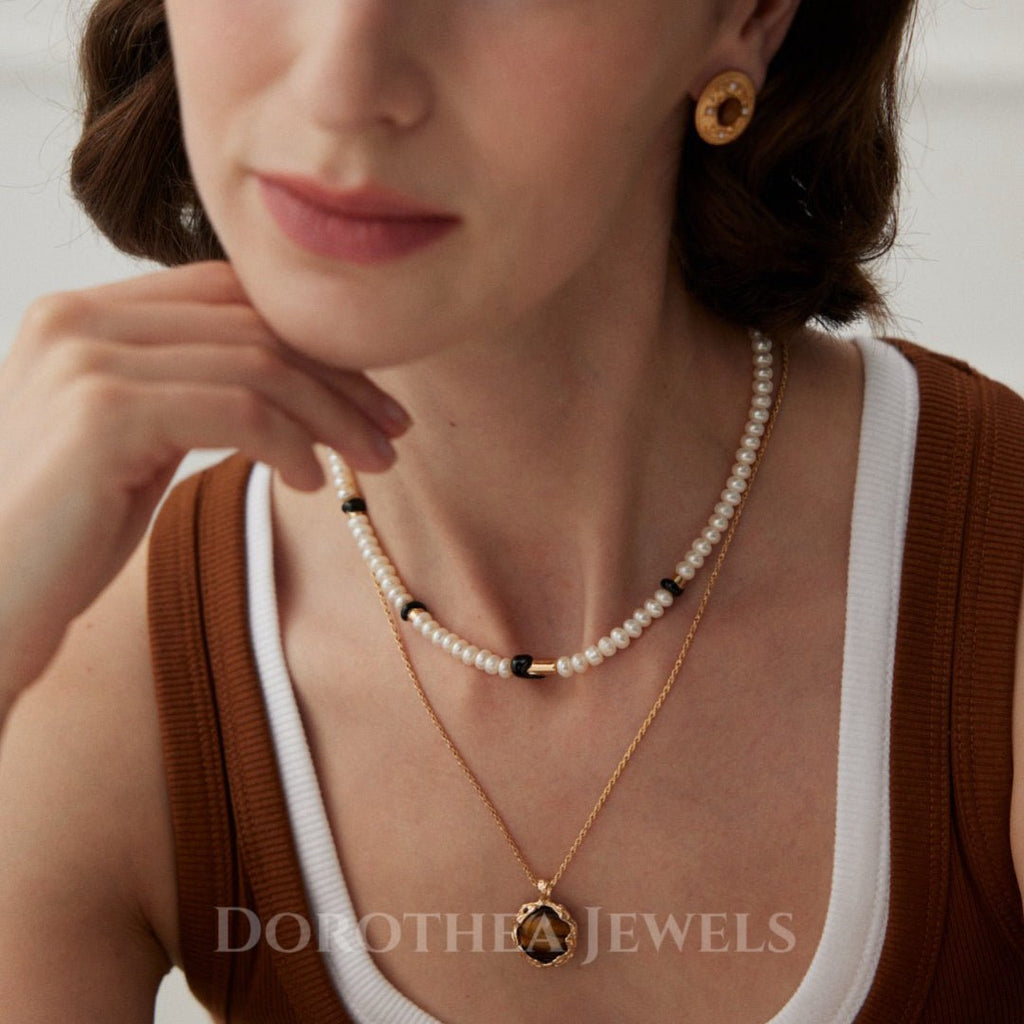 S925 Sterling Silver | Natural Freshwater Pearls Enamel / Natural Tiger's Eye Stone Necklace - DOROTHEA JEWELS