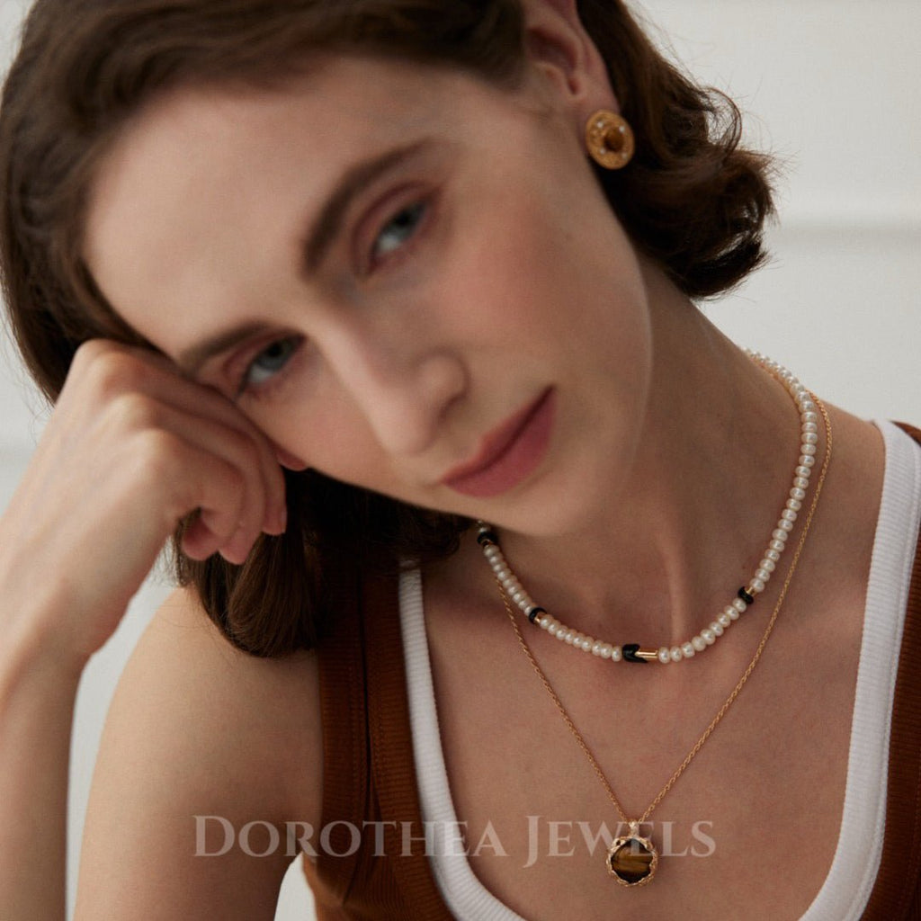 S925 Sterling Silver | Natural Freshwater Pearls Enamel / Natural Tiger's Eye Stone Necklace - DOROTHEA JEWELS