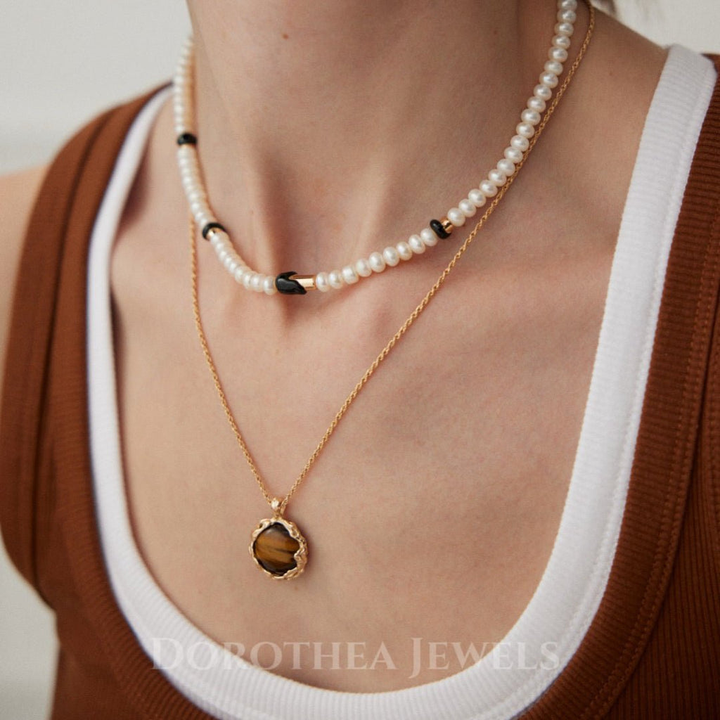 S925 Sterling Silver | Natural Freshwater Pearls Enamel / Natural Tiger's Eye Stone Necklace - DOROTHEA JEWELS