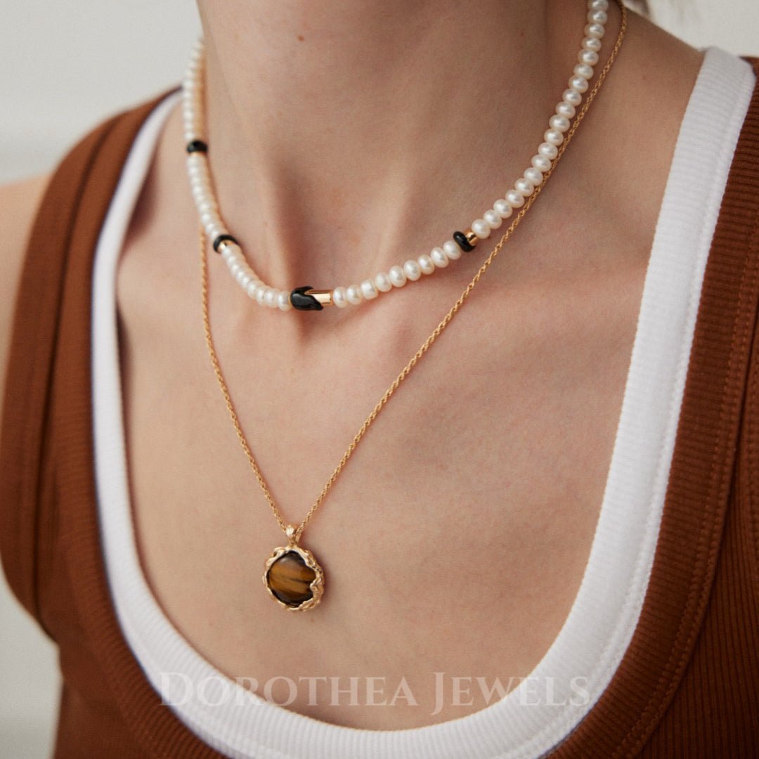S925 Sterling Silver | Natural Freshwater Pearls Enamel / Natural Tiger's Eye Stone Necklace - DOROTHEA JEWELS