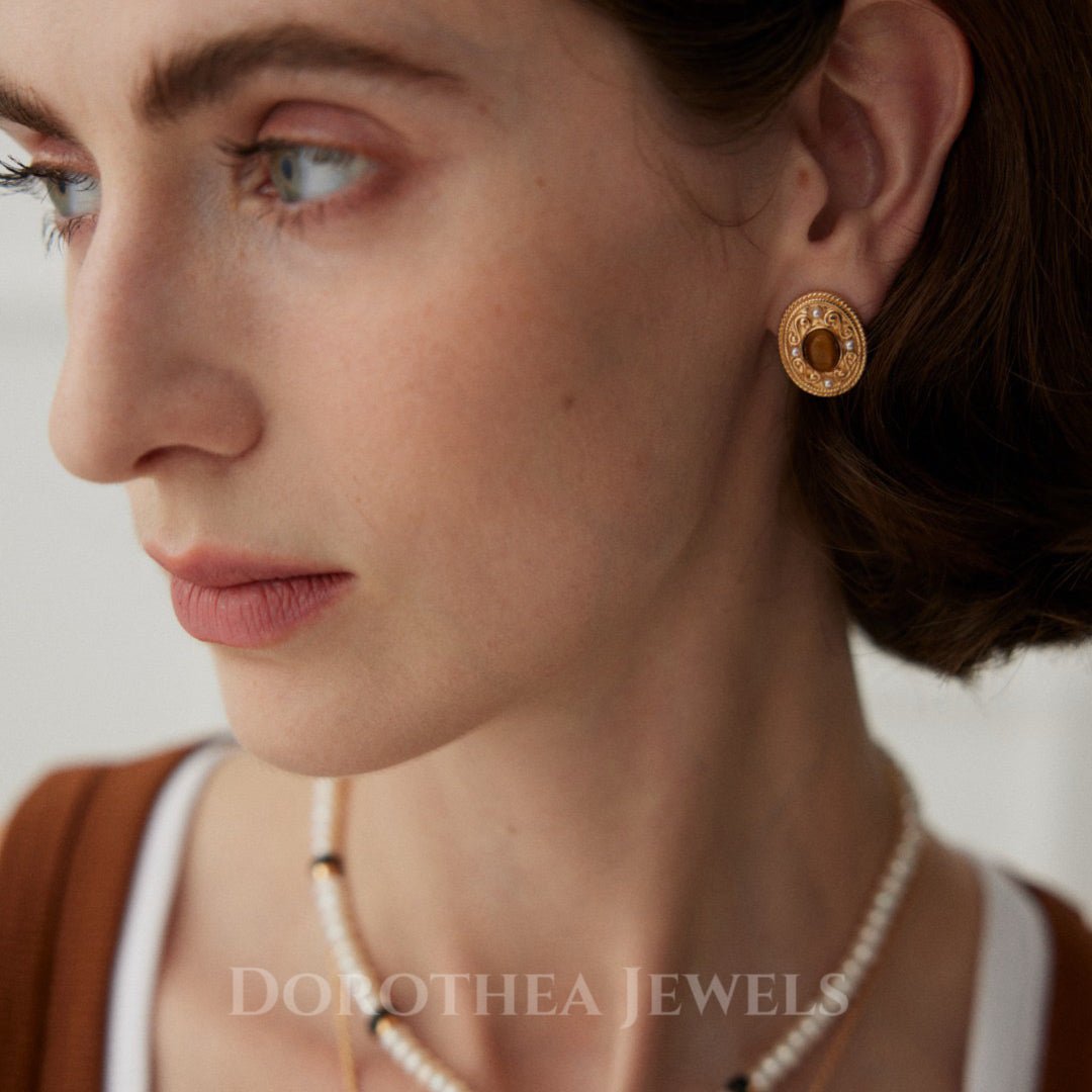 Tiger's Eye & Pearl Vintage Stud Earrings - DOROTHEA JEWELS