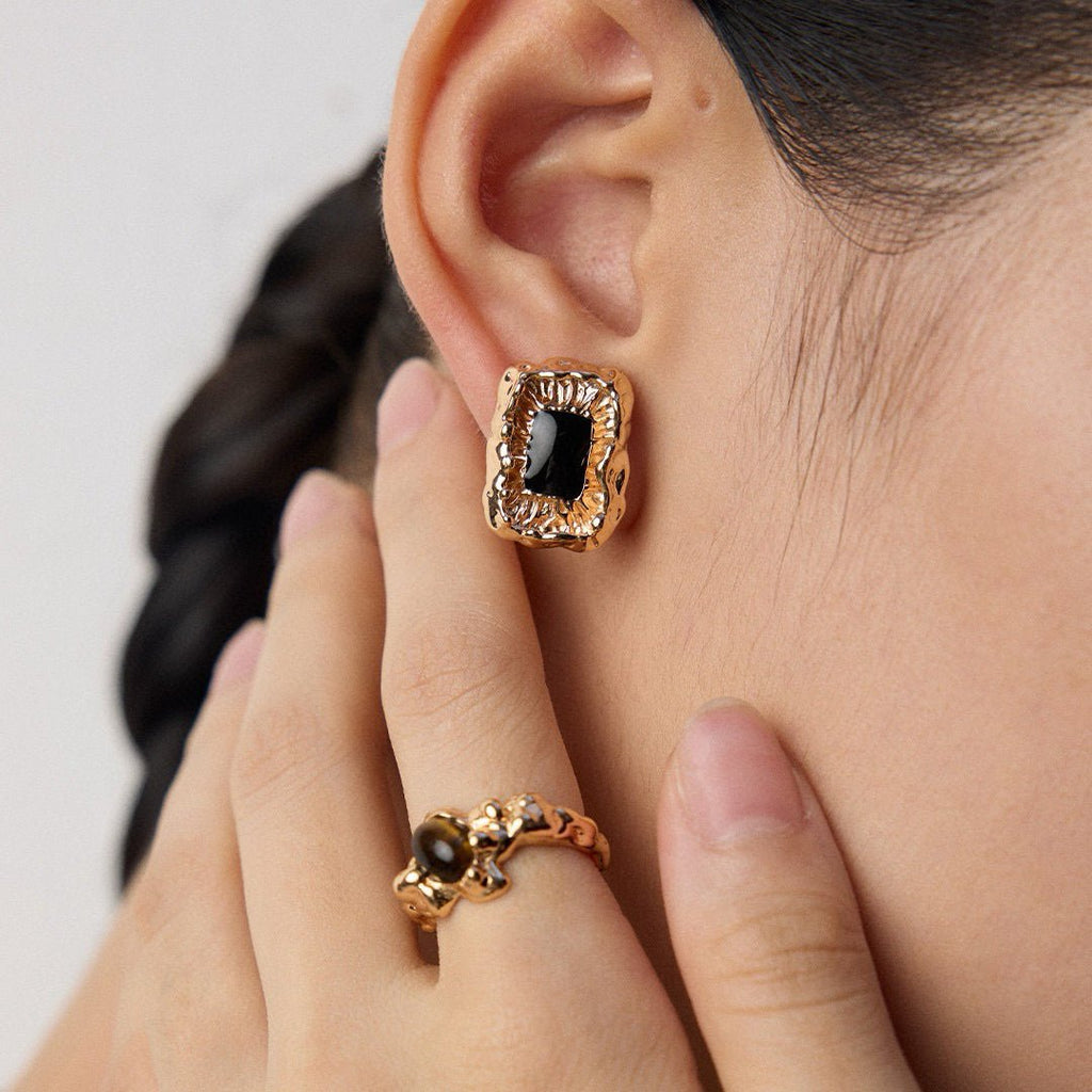 Black Enamel Molten Texture Stud Earrings - DOROTHEA JEWELS
