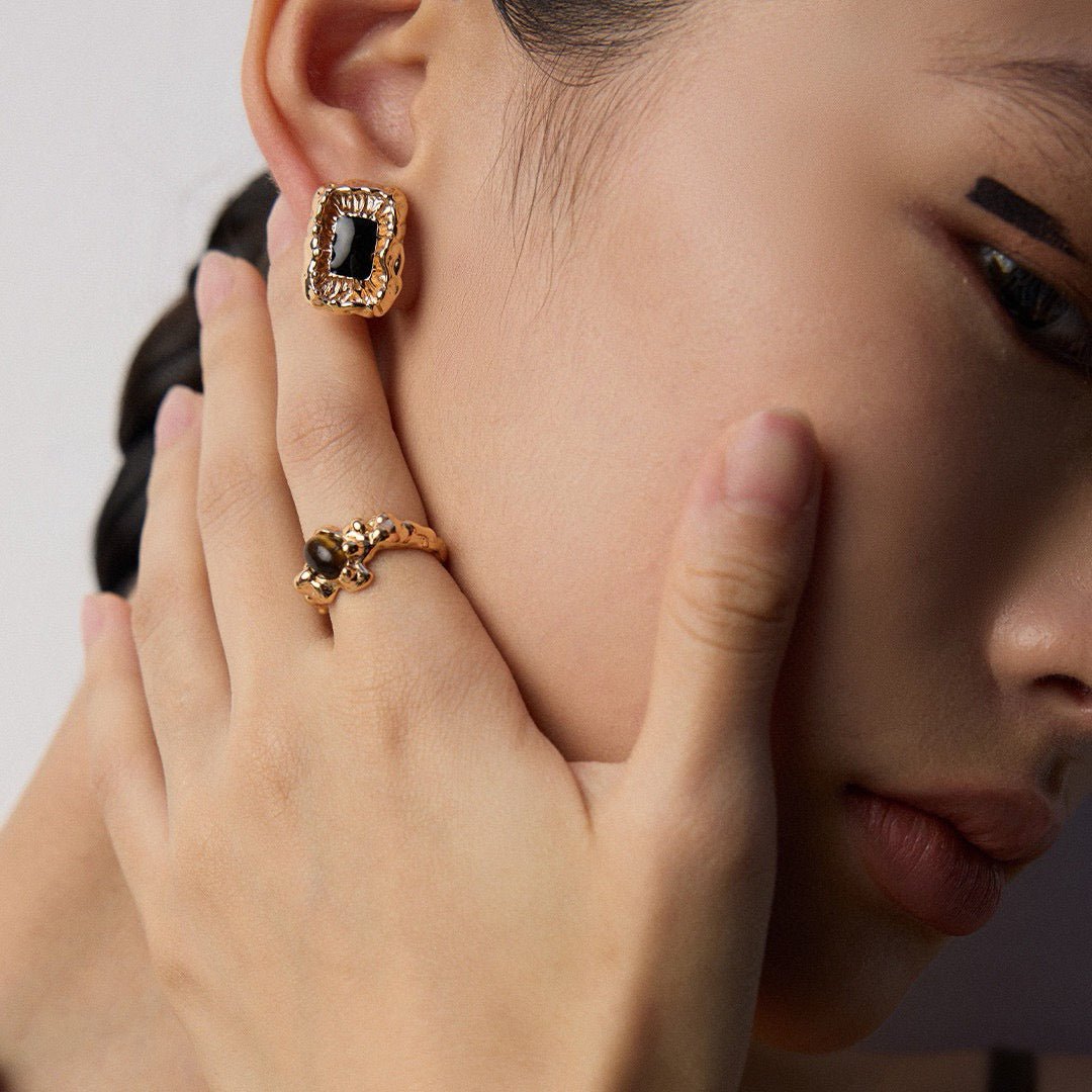 Black Enamel Molten Texture Stud Earrings - DOROTHEA JEWELS