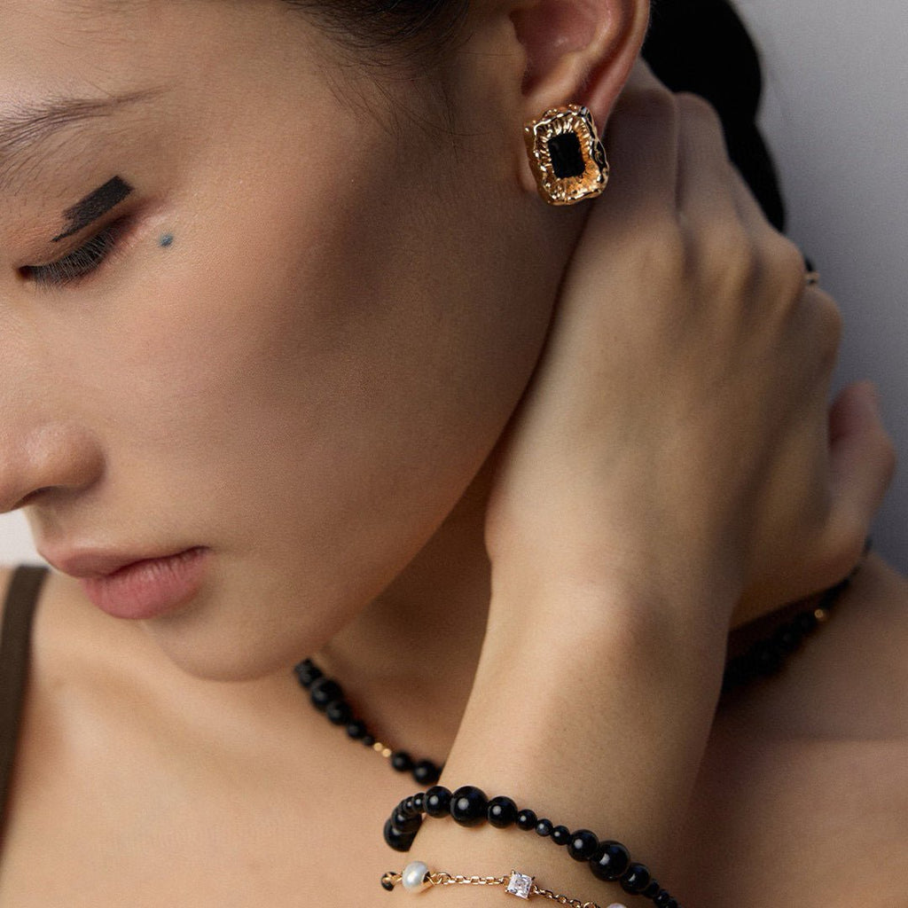 Black Enamel Molten Texture Stud Earrings - DOROTHEA JEWELS