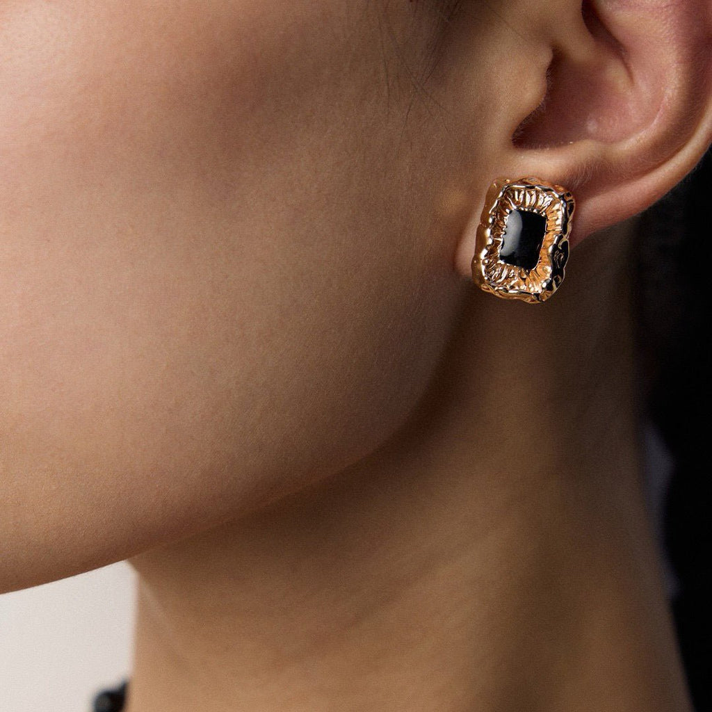 Black Enamel Molten Texture Stud Earrings - DOROTHEA JEWELS