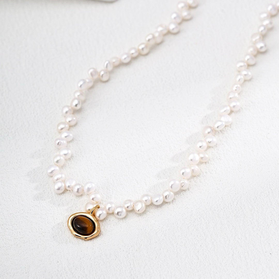S925 Sterling Silver Natural Pearl & Tiger's Eye Necklace - DOROTHEA JEWELS