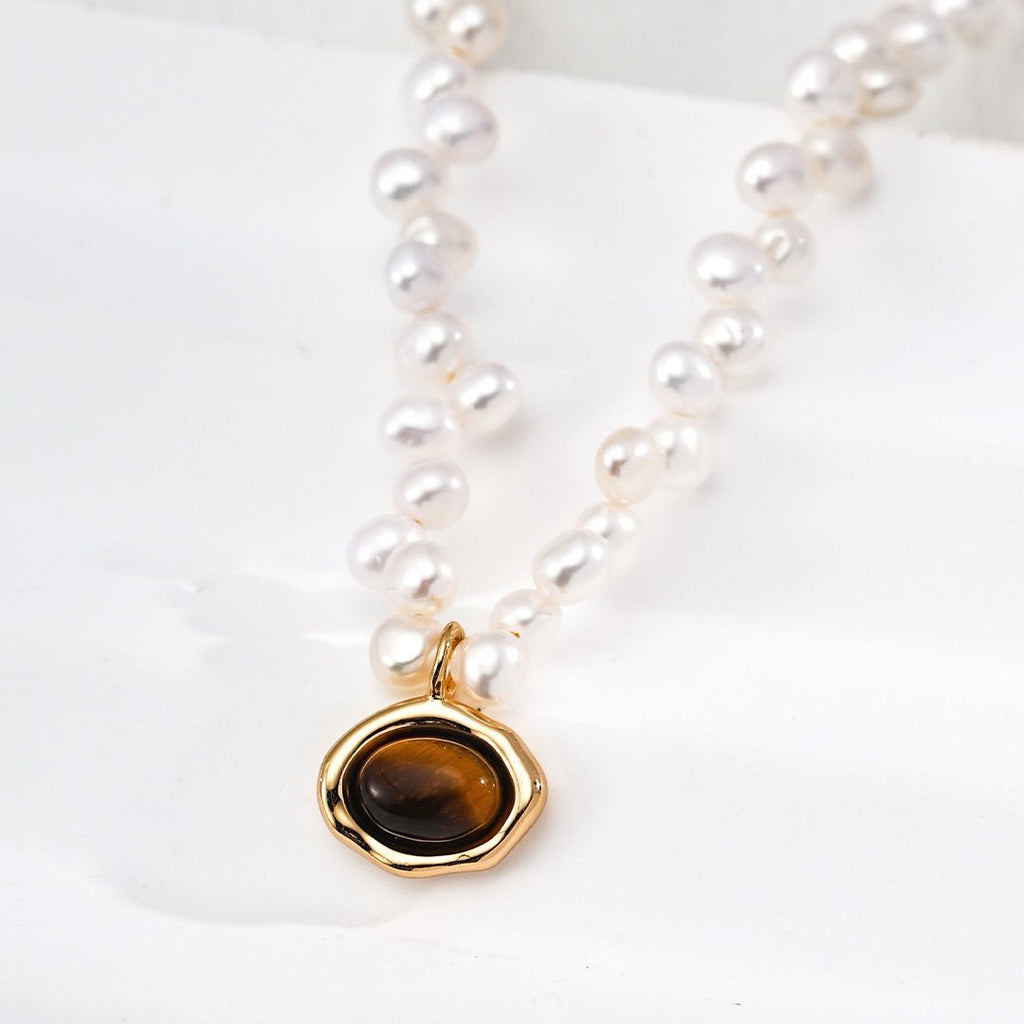 S925 Sterling Silver Natural Pearl & Tiger's Eye Necklace - DOROTHEA JEWELS