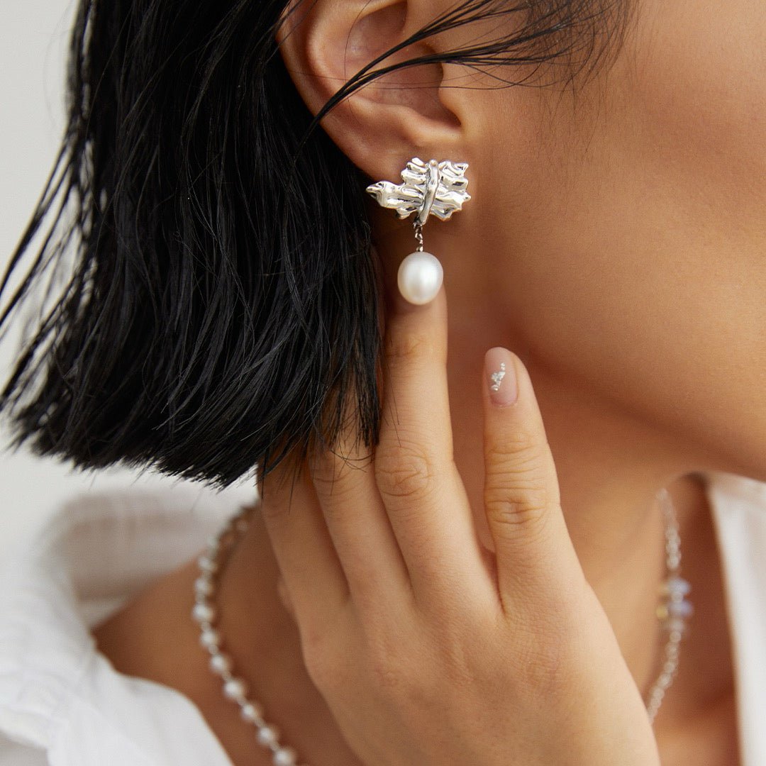 Ruffled Leaf Natural Pearl Earrings - DOROTHEA JEWELS