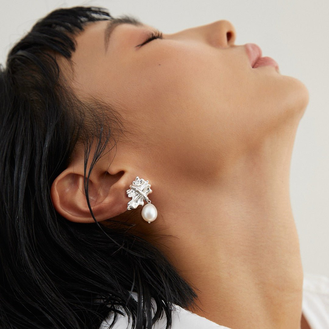 Ruffled Leaf Natural Pearl Earrings - DOROTHEA JEWELS