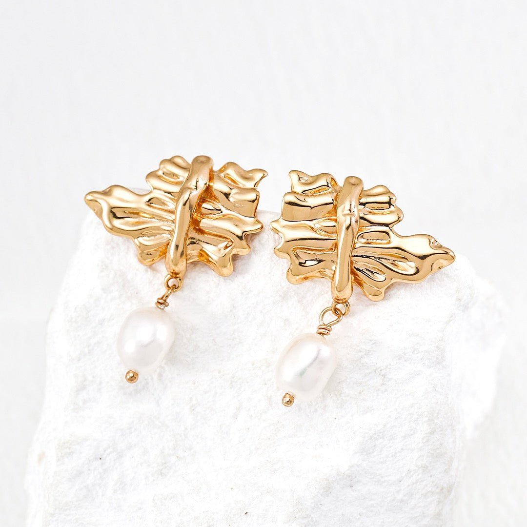Ruffled Leaf Natural Pearl Earrings - DOROTHEA JEWELS