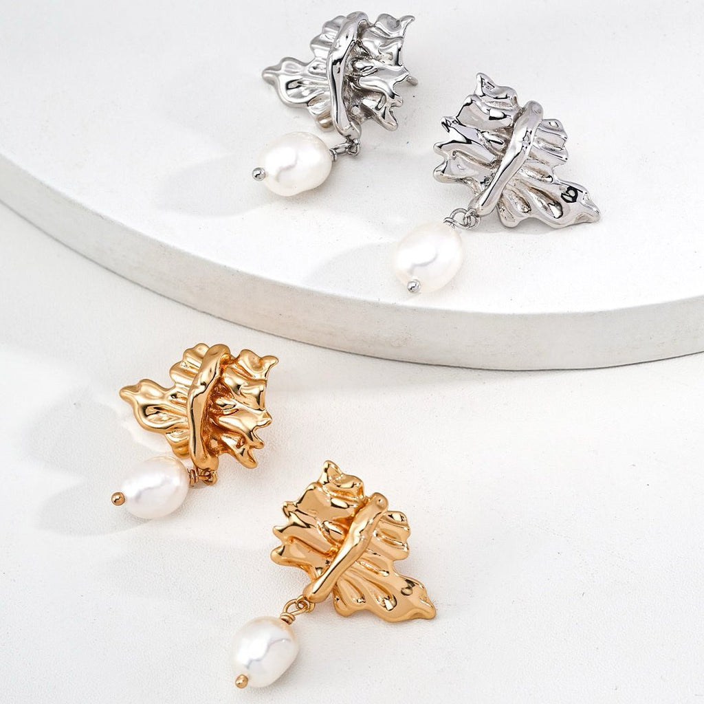 Ruffled Leaf Natural Pearl Earrings - DOROTHEA JEWELS
