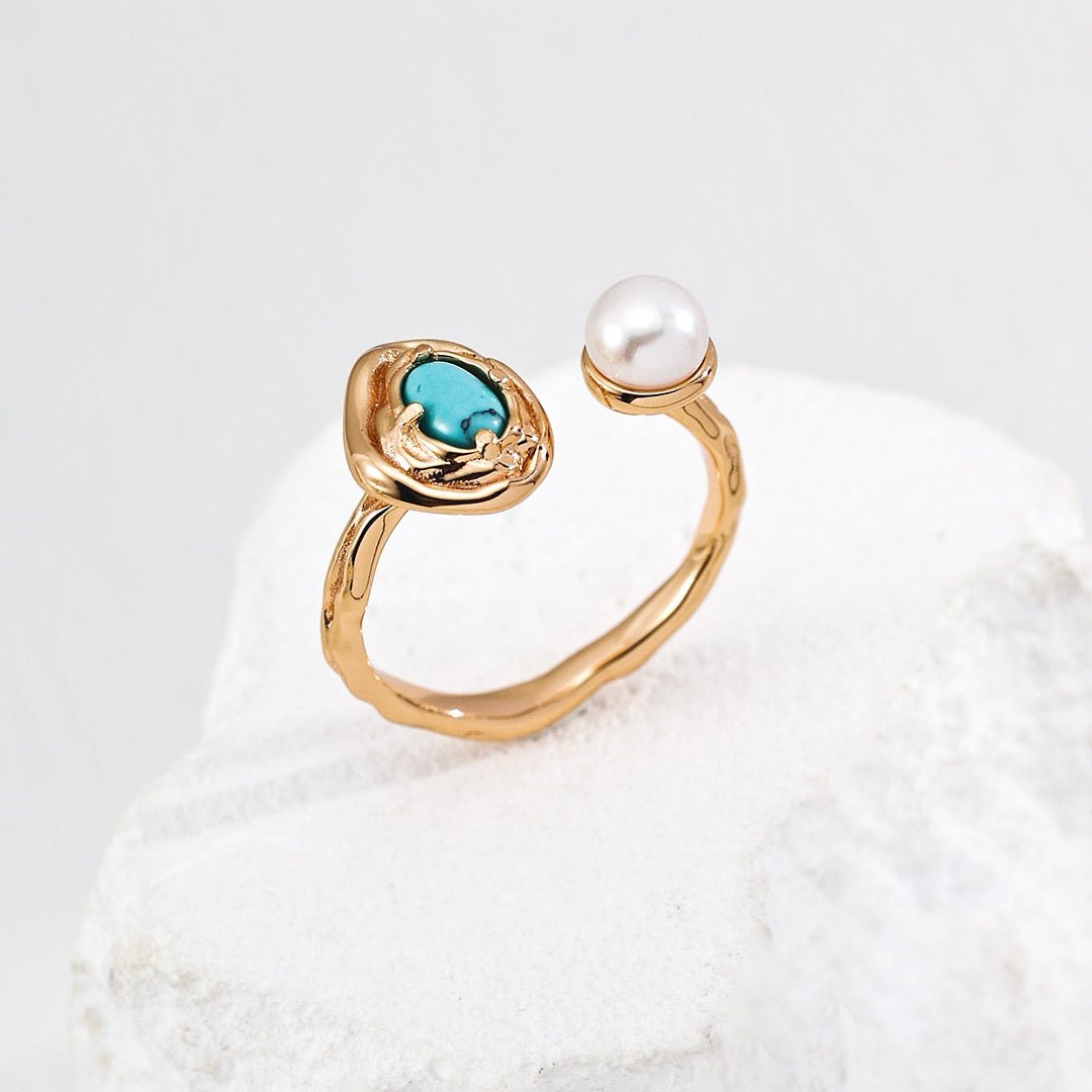 Natural Pearl & Gemstone Open Ring - DOROTHEA JEWELS