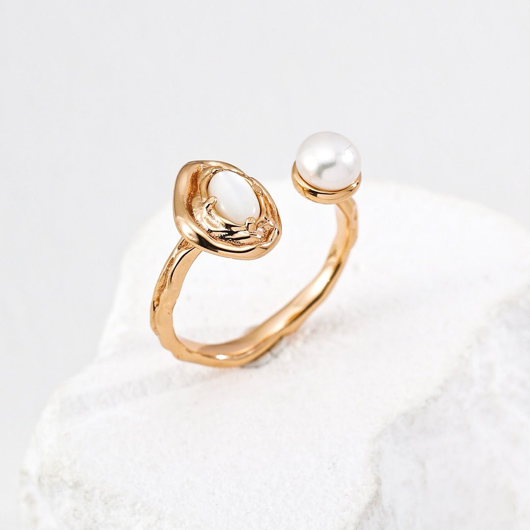 Natural Pearl & Gemstone Open Ring - DOROTHEA JEWELS