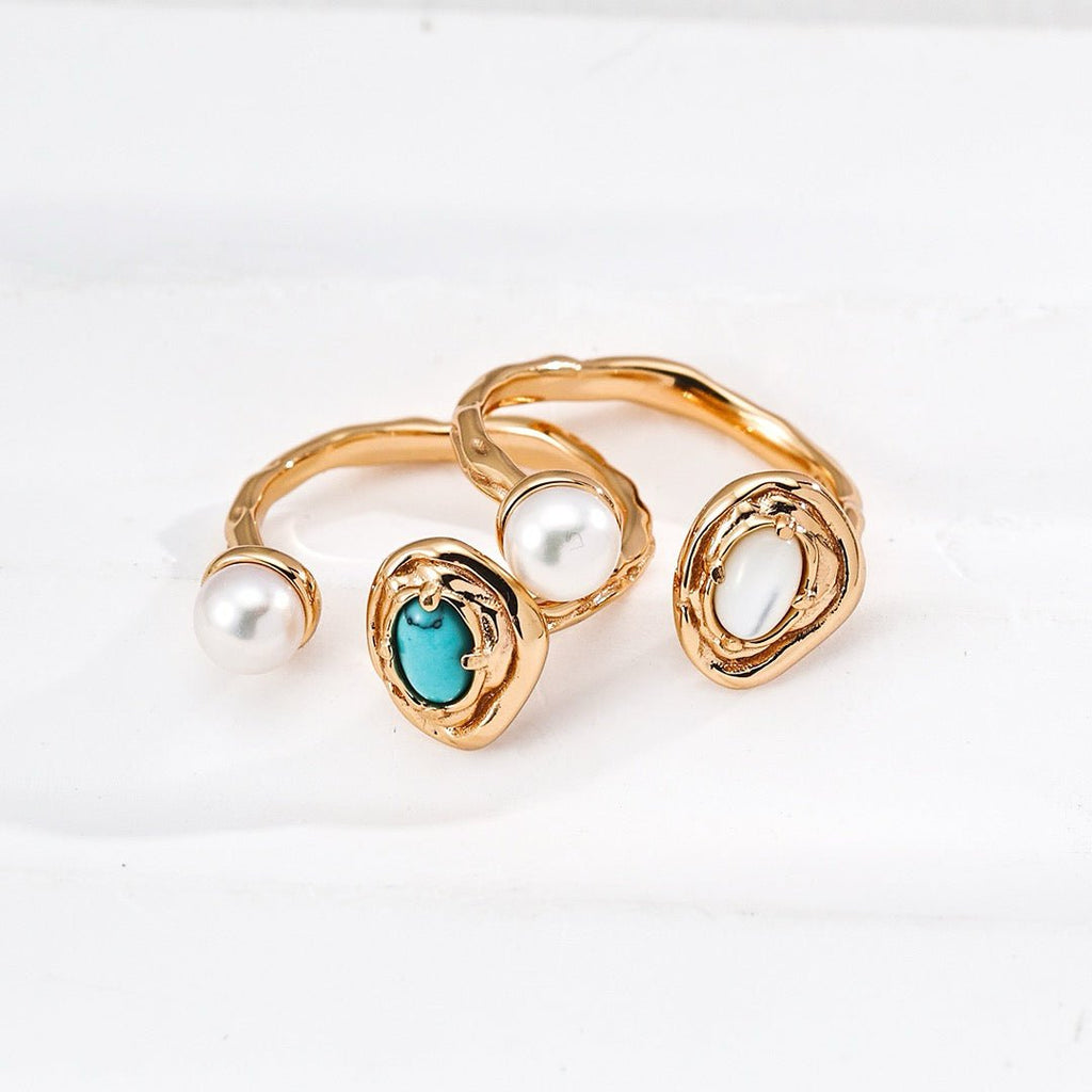 Natural Pearl & Gemstone Open Ring - DOROTHEA JEWELS