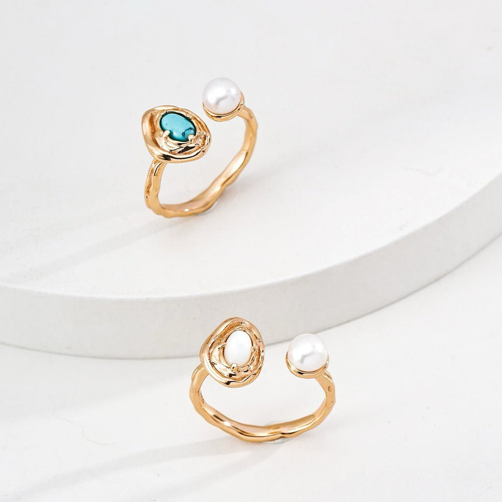 Natural Pearl & Gemstone Open Ring - DOROTHEA JEWELS