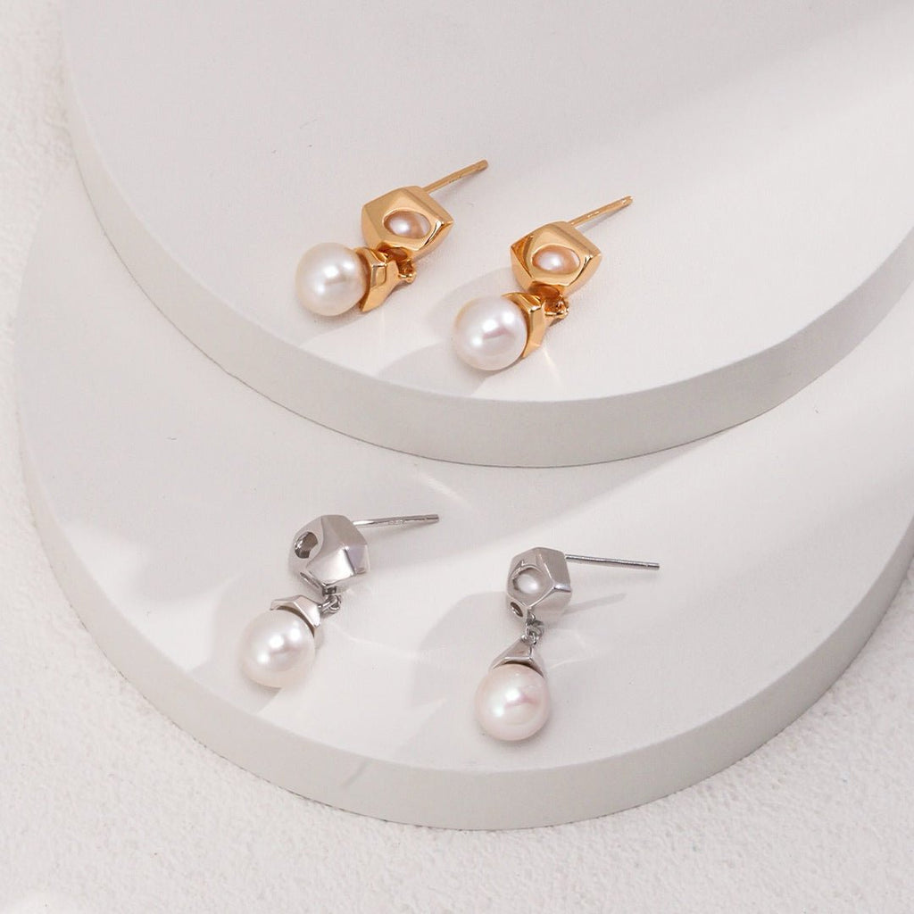 S925 Silver Geometric Natural Pearl Drop Earrings - DOROTHEA JEWELS