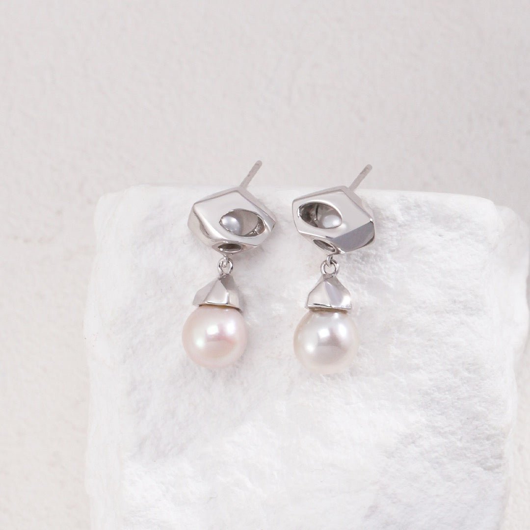 S925 Silver Geometric Natural Pearl Drop Earrings - DOROTHEA JEWELS