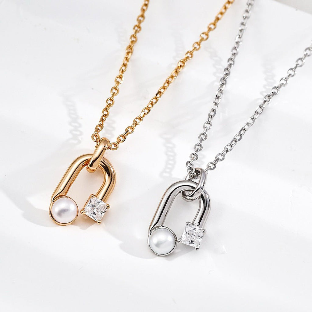 U - Shaped Pearl & Zircon Pendant Necklace, S925 Silver, 2 - Tone - DOROTHEA JEWELS