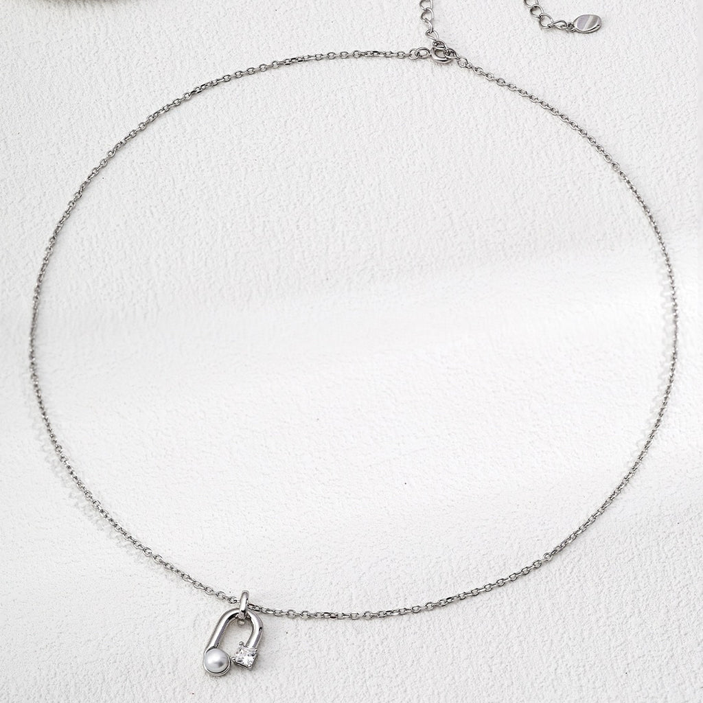 U - Shaped Pearl & Zircon Pendant Necklace, S925 Silver, 2 - Tone - DOROTHEA JEWELS