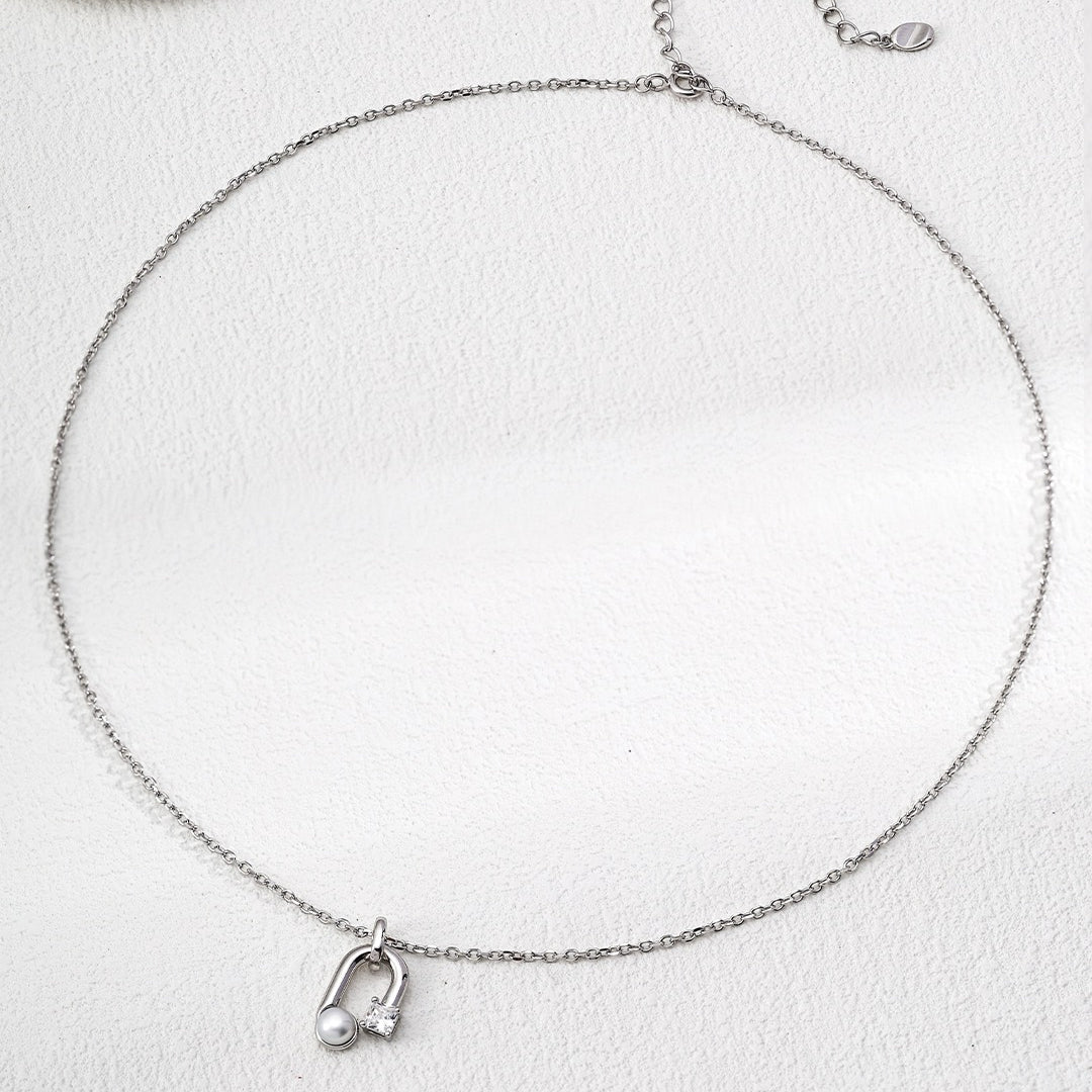 U - Shaped Pearl & Zircon Pendant Necklace, S925 Silver, 2 - Tone - DOROTHEA JEWELS