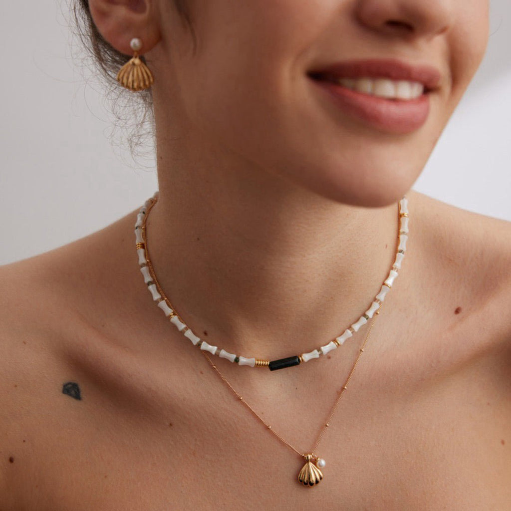 S925 Silver Seashell Pearl Jewelry Set, Necklace & Earrings - DOROTHEA JEWELS