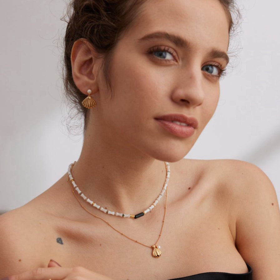 S925 Silver Seashell Pearl Jewelry Set, Necklace & Earrings - DOROTHEA JEWELS