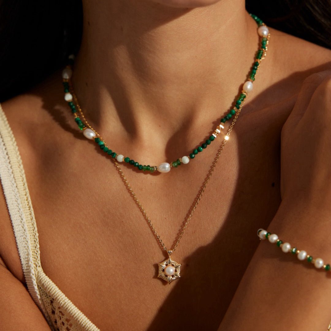 Sunburst Pearl Pendant Necklace in Vintage Gold, S925 Silver - DOROTHEA JEWELS