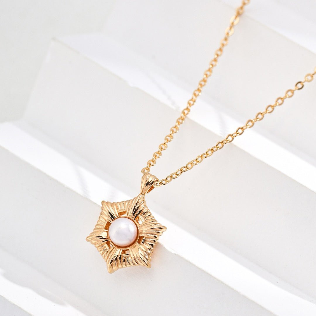 Sunburst Pearl Pendant Necklace in Vintage Gold, S925 Silver - DOROTHEA JEWELS