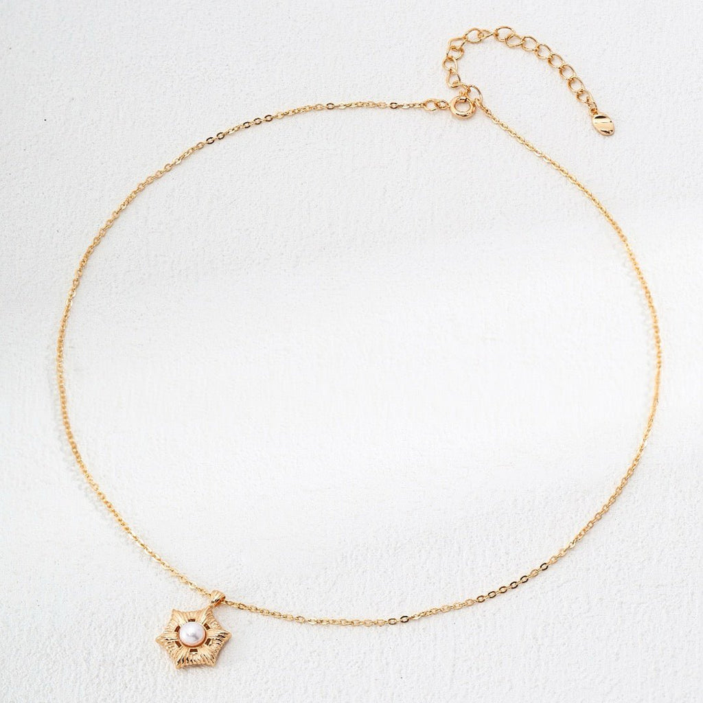 Sunburst Pearl Pendant Necklace in Vintage Gold, S925 Silver - DOROTHEA JEWELS