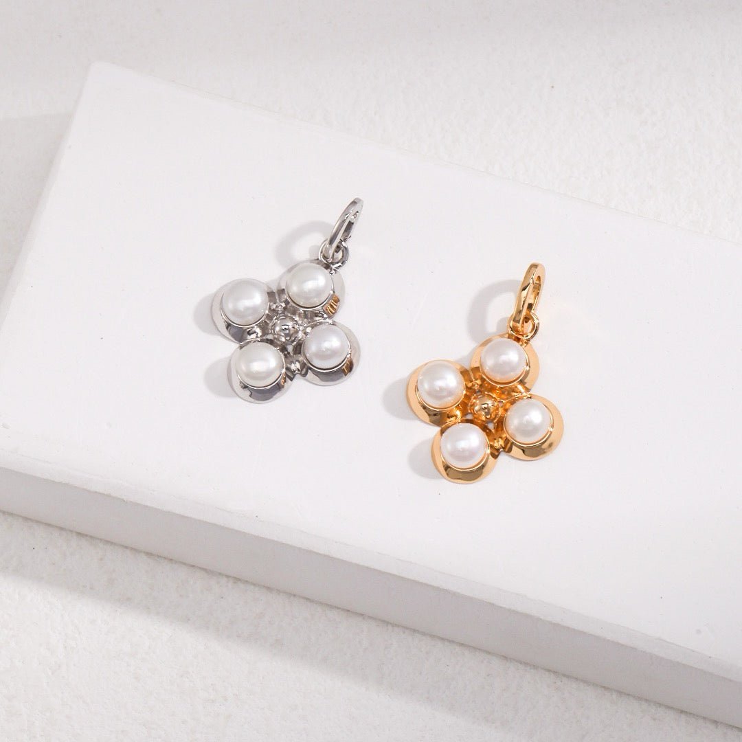 Four - Petal Natural Pearl Flower Charm in S925 Silver - DOROTHEA JEWELS