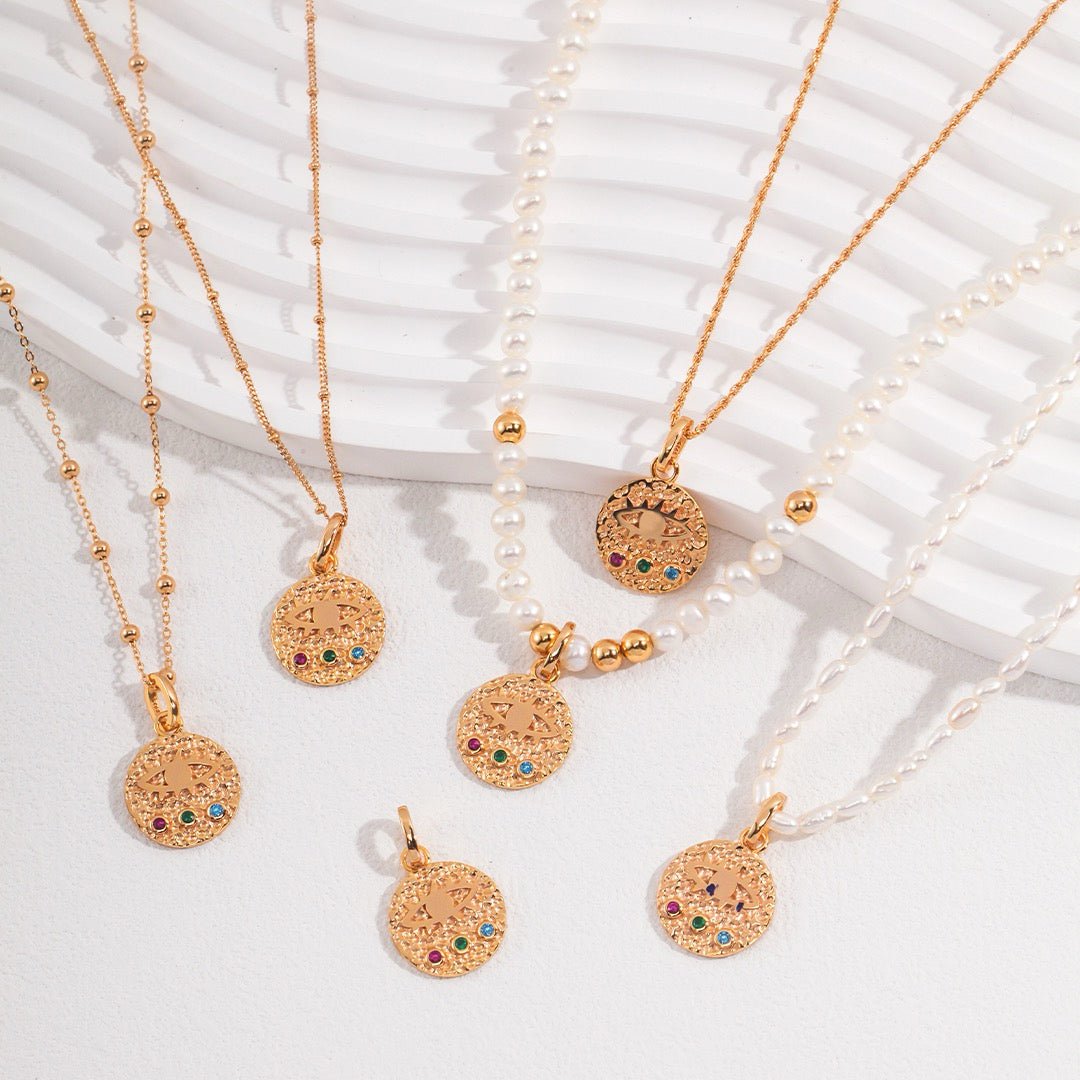 Hammered Star Disc Charm with Multi - Colour Zirconia in 18K Gold - Plated S925 Silver - DOROTHEA JEWELS