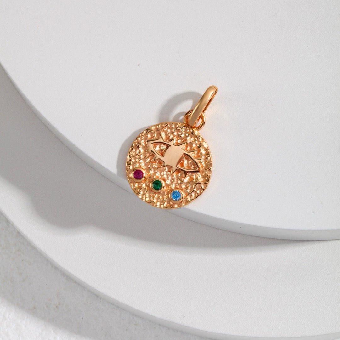 Hammered Star Disc Charm with Multi - Colour Zirconia in 18K Gold - Plated S925 Silver - DOROTHEA JEWELS