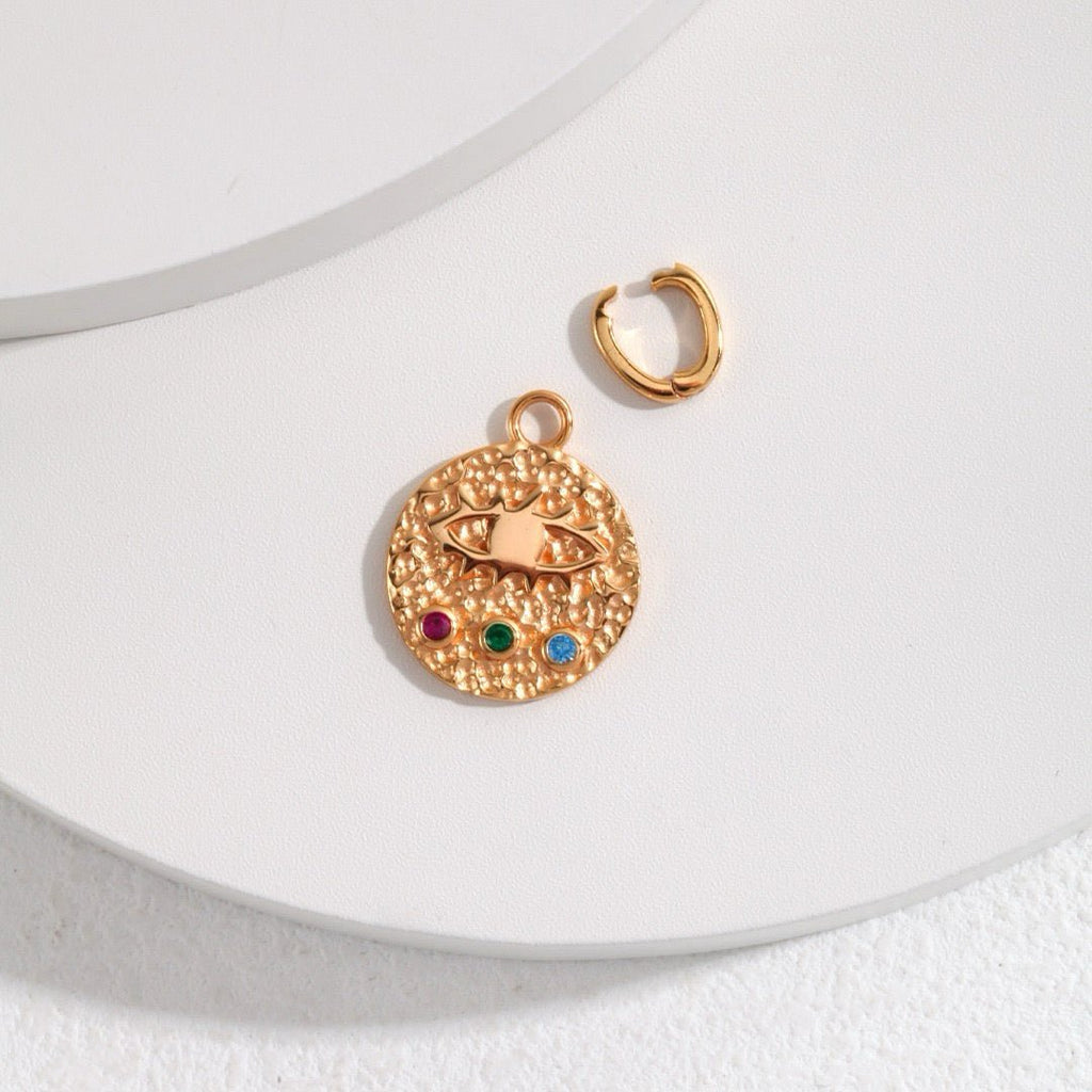Hammered Star Disc Charm with Multi - Colour Zirconia in 18K Gold - Plated S925 Silver - DOROTHEA JEWELS