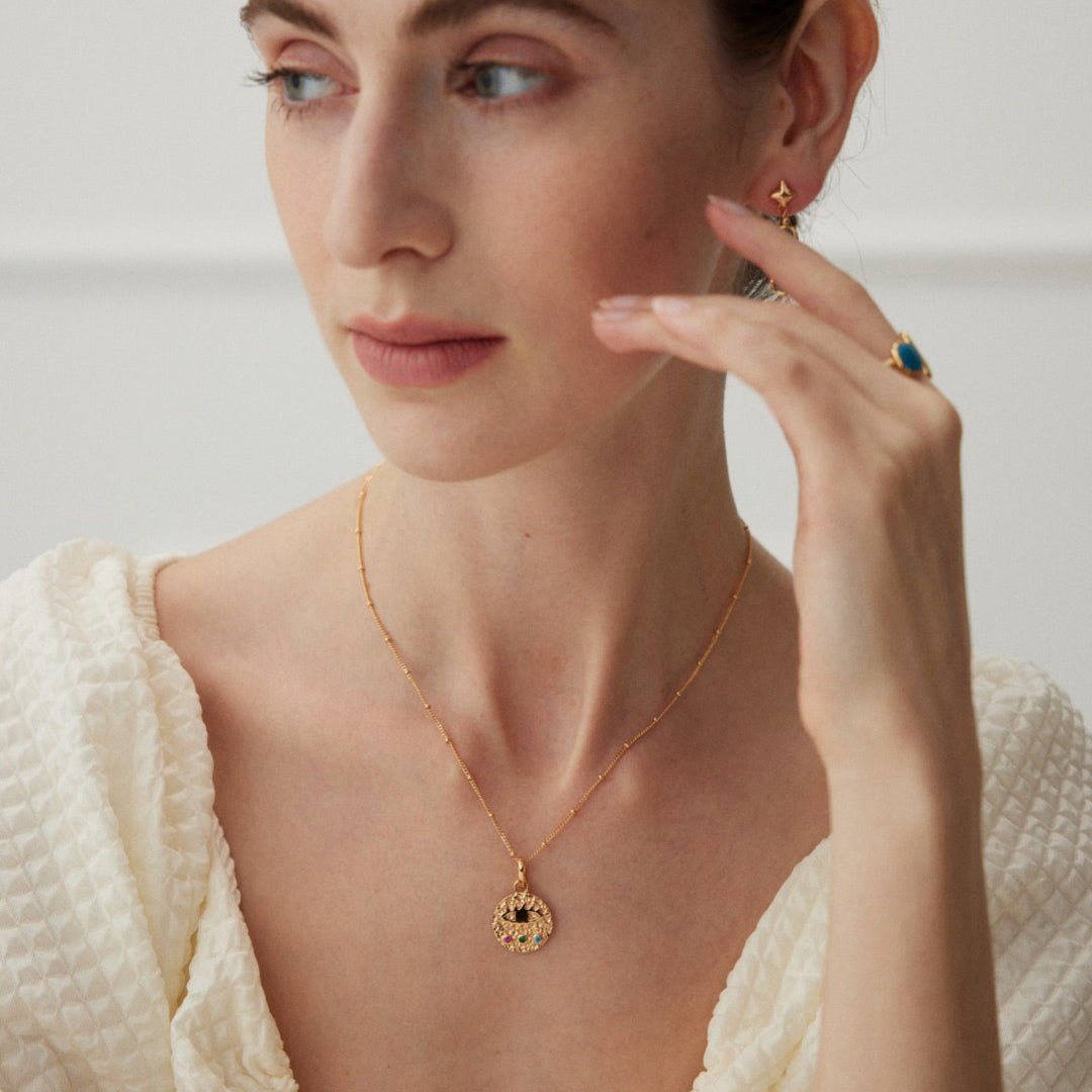 Hammered Star Disc Charm with Multi - Colour Zirconia in 18K Gold - Plated S925 Silver - DOROTHEA JEWELS
