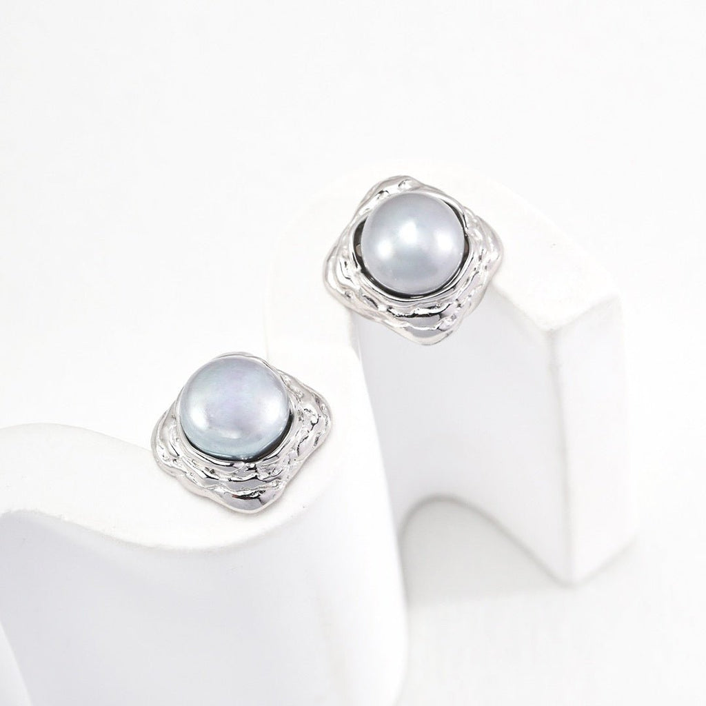Organic Square Grey & White Pearl Studs | S925 Sterling Silver - DOROTHEA JEWELS