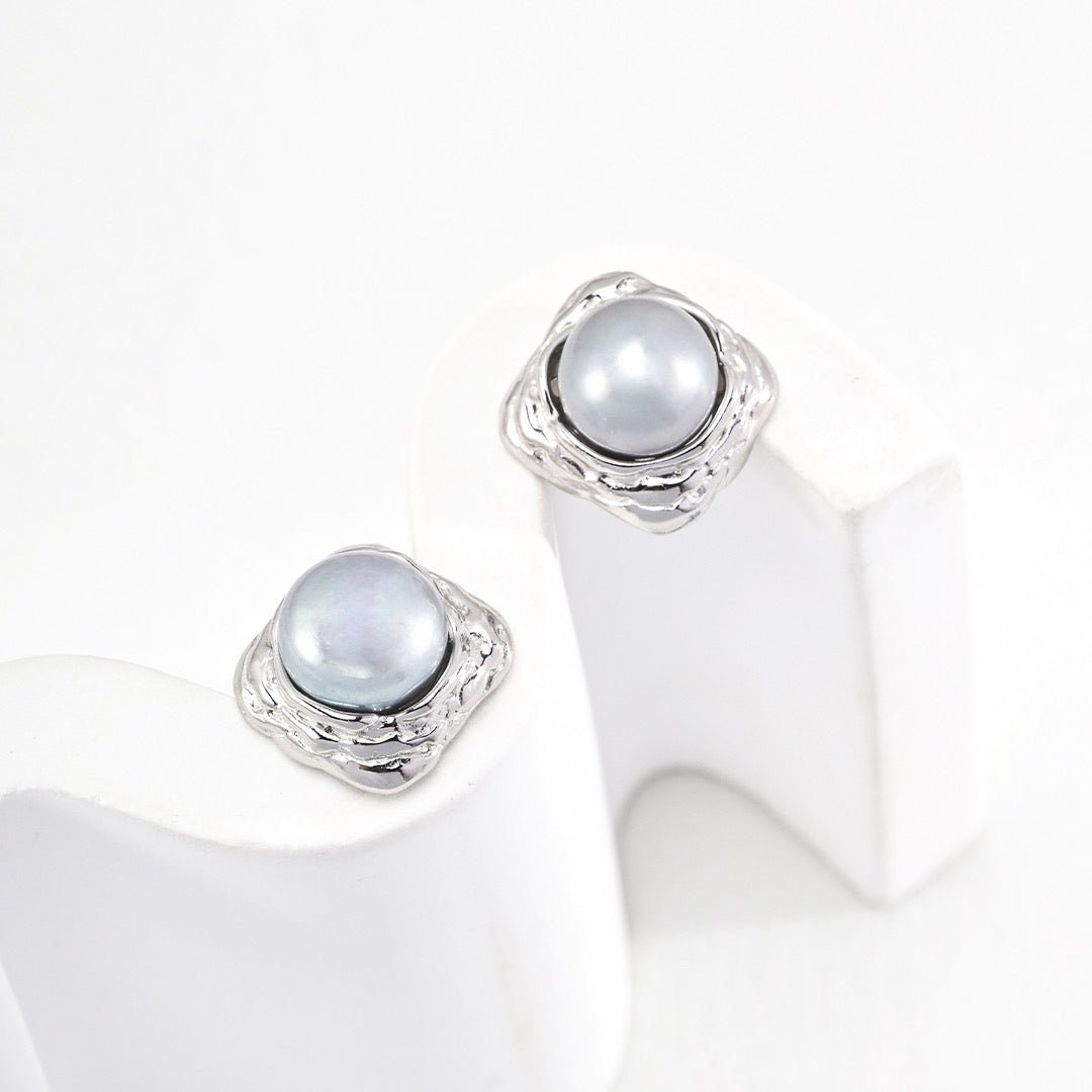 Organic Square Grey & White Pearl Studs | S925 Sterling Silver - DOROTHEA JEWELS