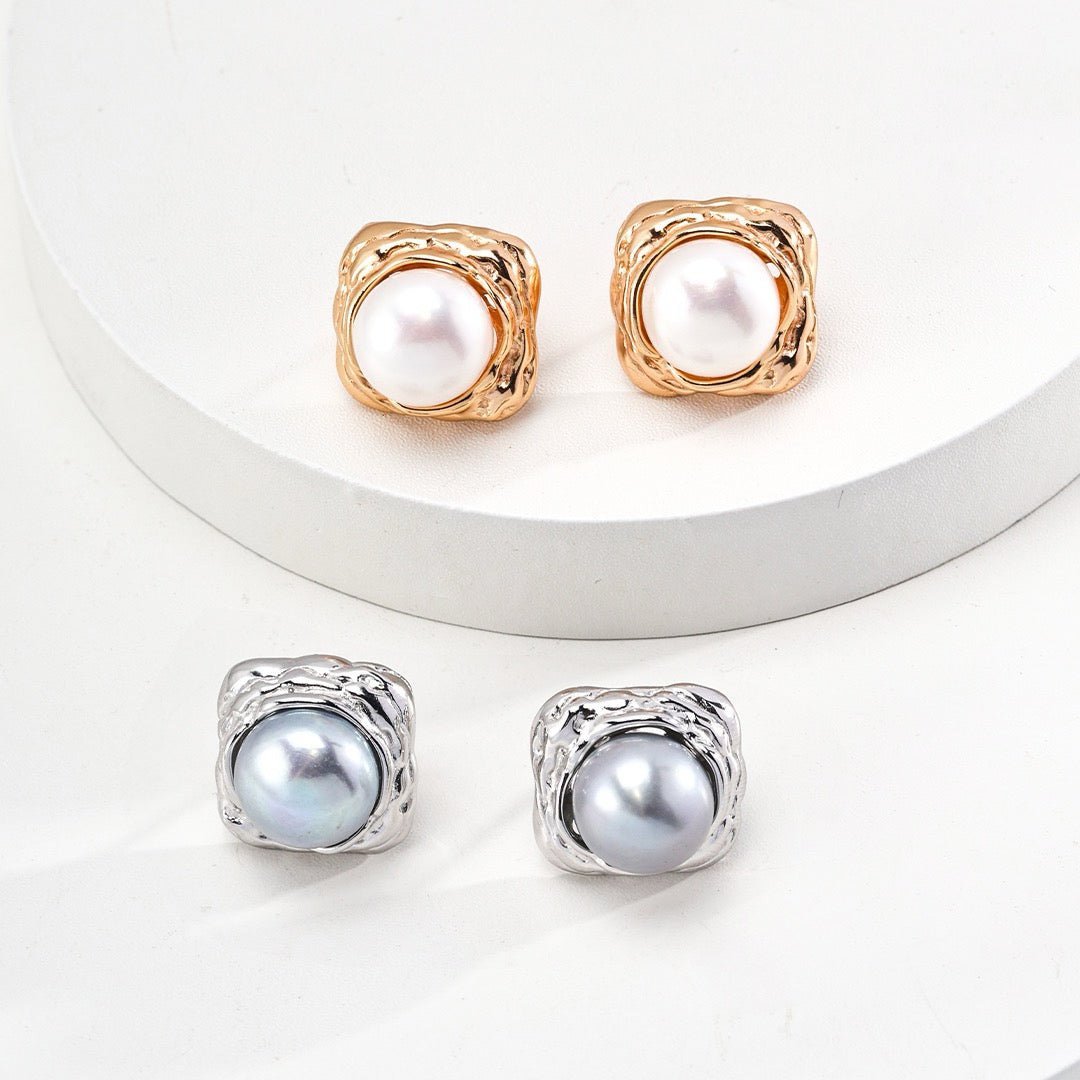 Organic Square Grey & White Pearl Studs | S925 Sterling Silver - DOROTHEA JEWELS