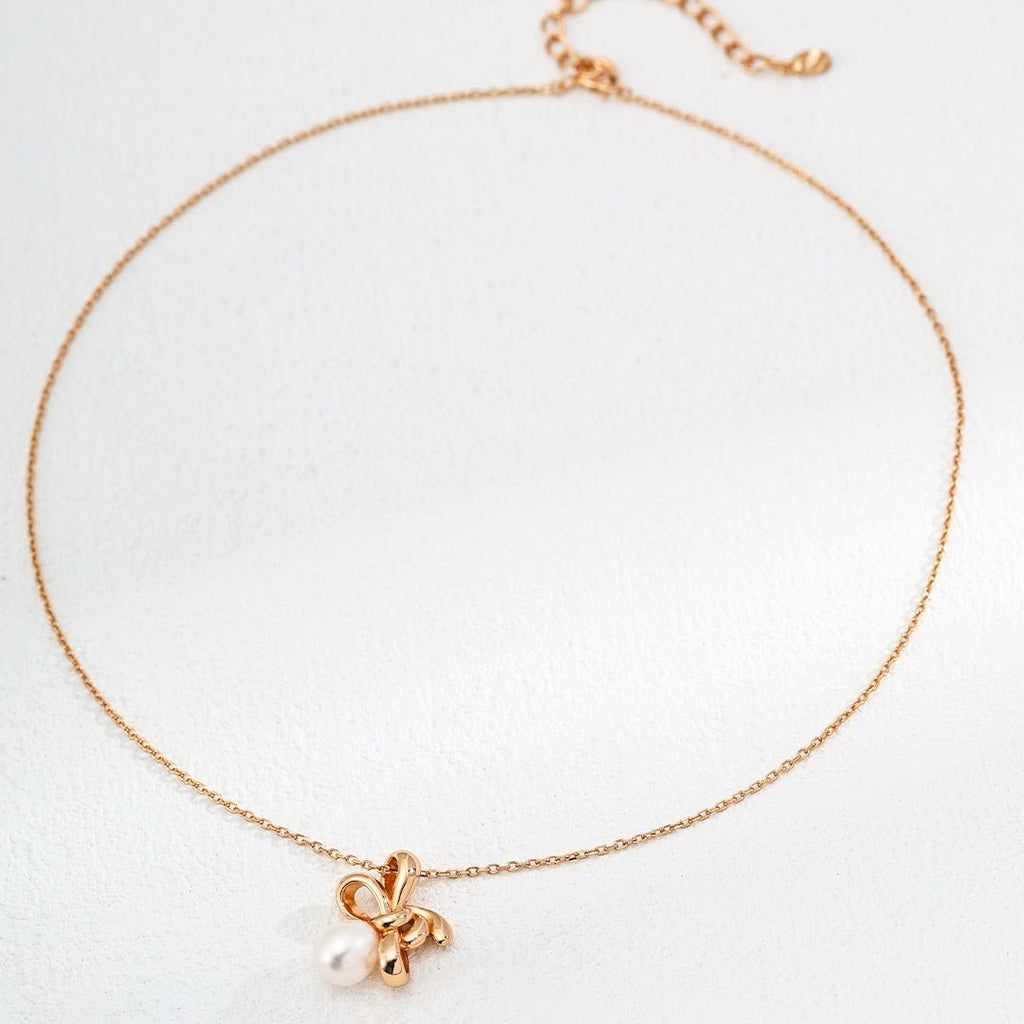 S925 Sterling Silver Eternal Love Bow Pearl Pendant Necklace - DOROTHEA JEWELS