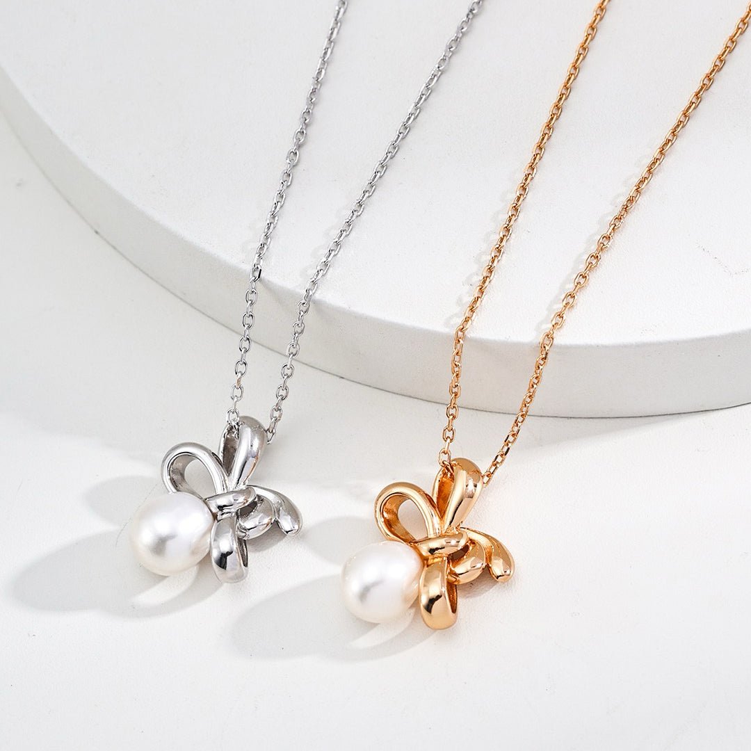 S925 Sterling Silver Eternal Love Bow Pearl Pendant Necklace - DOROTHEA JEWELS